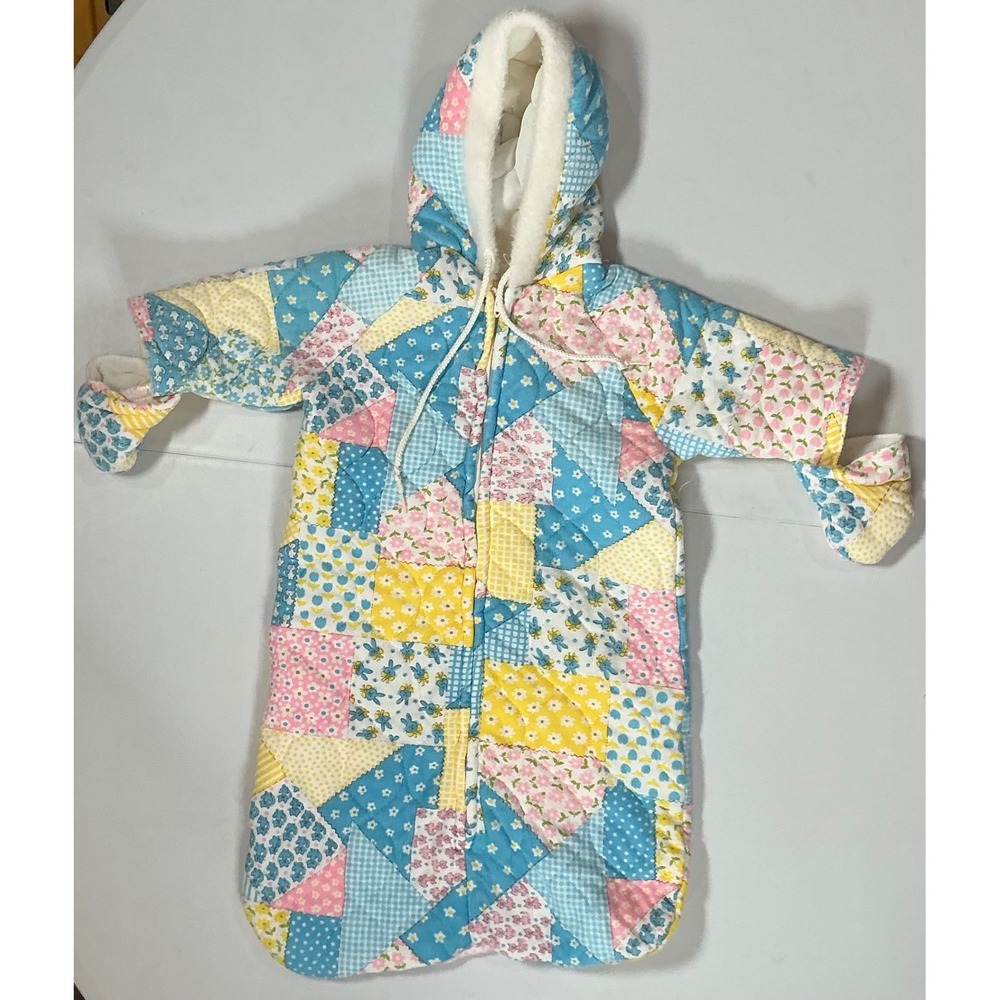 VTG 70s Patchwork Quilted Baby Bunting Snowsuit Hood Pastel Floral Gingham Blue